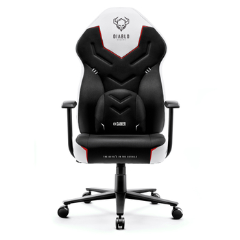 Gaming-Stuhl Diablo Gamer in Schwarz-Weiß mit roten Akzenten, Ansicht in ¾-Perspektive mit sichtbarer Lordosenstütze und Sticklogo