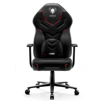 Diablo Gamer Gaming-Stuhl in Schwarz-Rot mit Lendenstütze und Armlehnen, gezeigt aus ¾-Perspektive