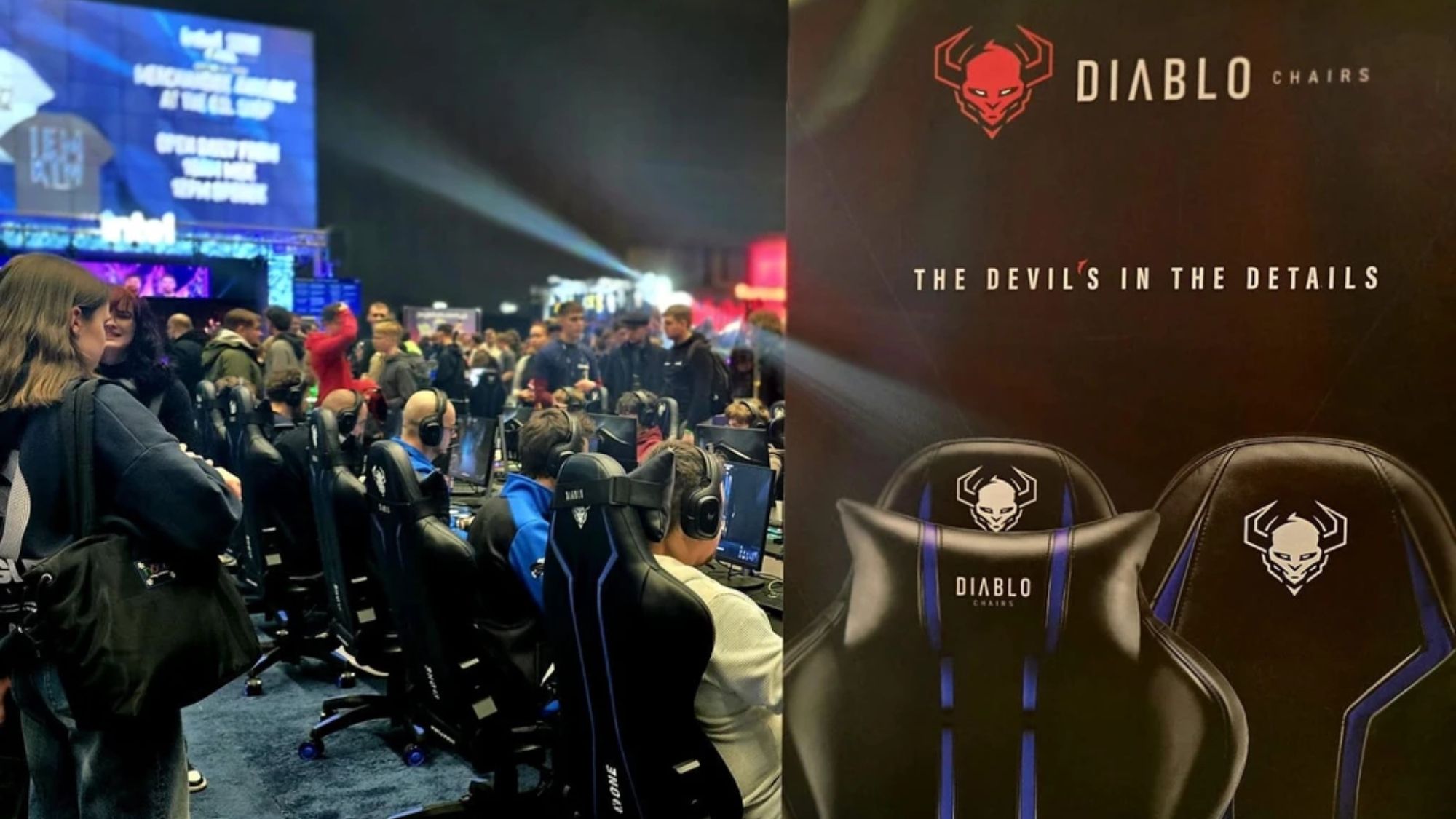 Banner Diablo Chairs vedľa herných stanovišť na IEM 2026